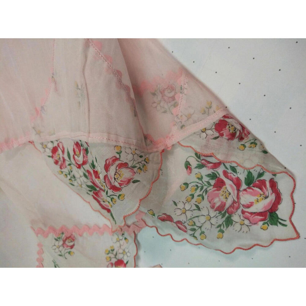 40s 50s Silk Organza Apron Mother Daughter Set Light Pink Red Roses Handkerchief - Picture 2 of 16
